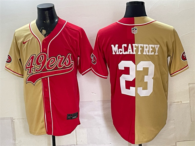 Men's San Francisco 49ers #23 Christian McCaffrey Gold Red Split Stitched Jersey